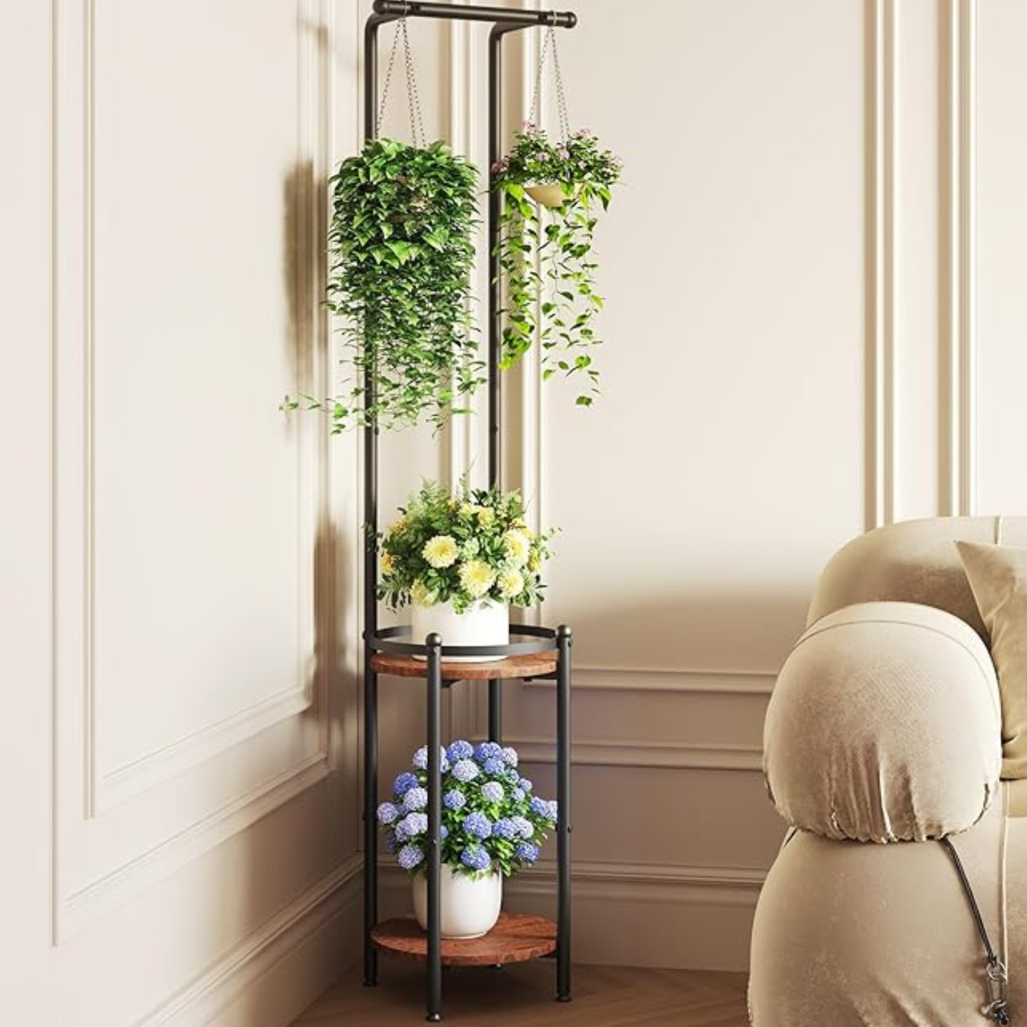 standing hanging plant stand 2-Tier Metal Hanging Plant Stand – Tall Iron Indoor & Outdoor Plant Shelf