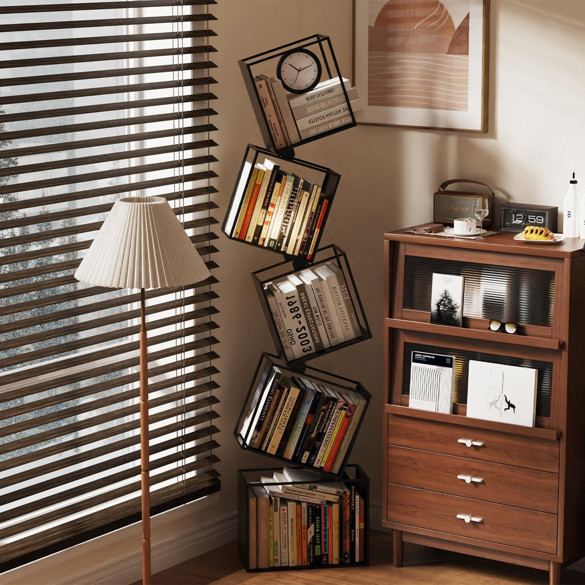5-Tier Metal Geometric Bookshelf, For Living Room, Bedroom, Office, Corner, Black