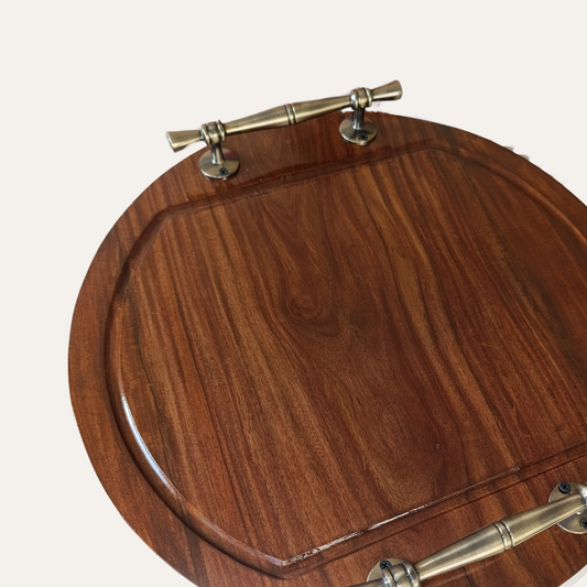 Sheesham Wood Round Serving Tray with Brass Handle – Large 18 Inch
