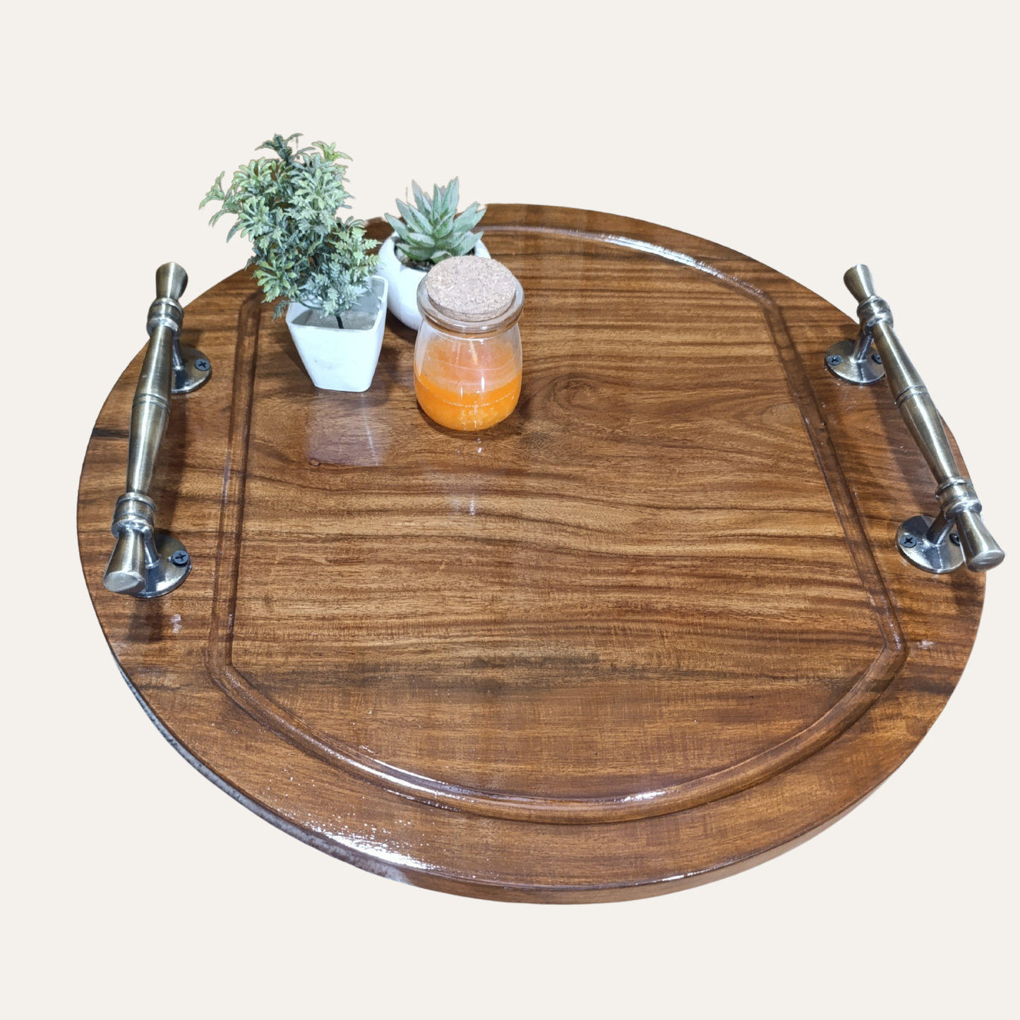 Set of 2 Round Trays – Sheesham Wood Finish with Metal Handles