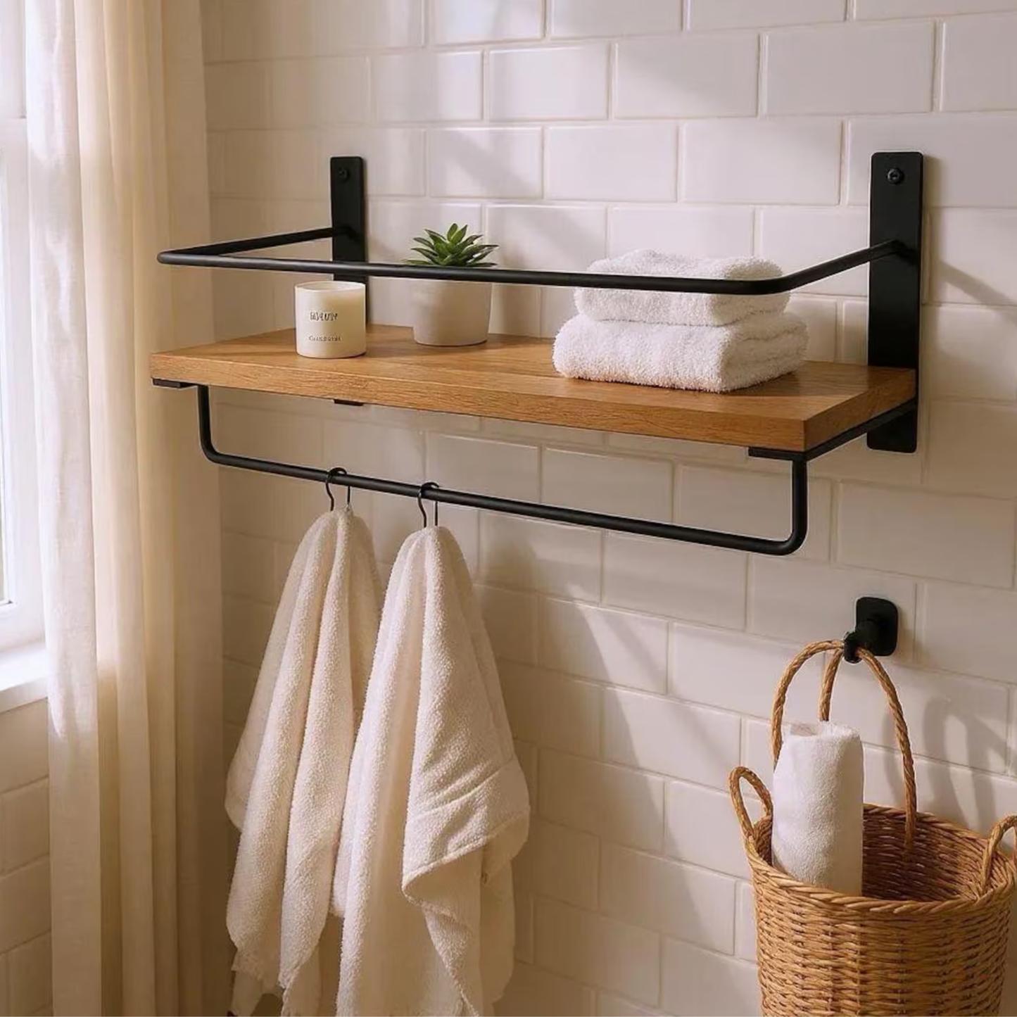 Handcrafted Sheesham Wood Shelf with Metal Bar – Modern Bathroom Decor by Adaptivo Furniture