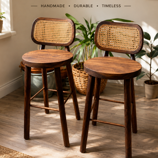 Solid Pakistani Sheesham Wood Bar Stool with Cane Back | Handmade Scandinavian Counter Stool | Modern Kitchen & Bar Chair