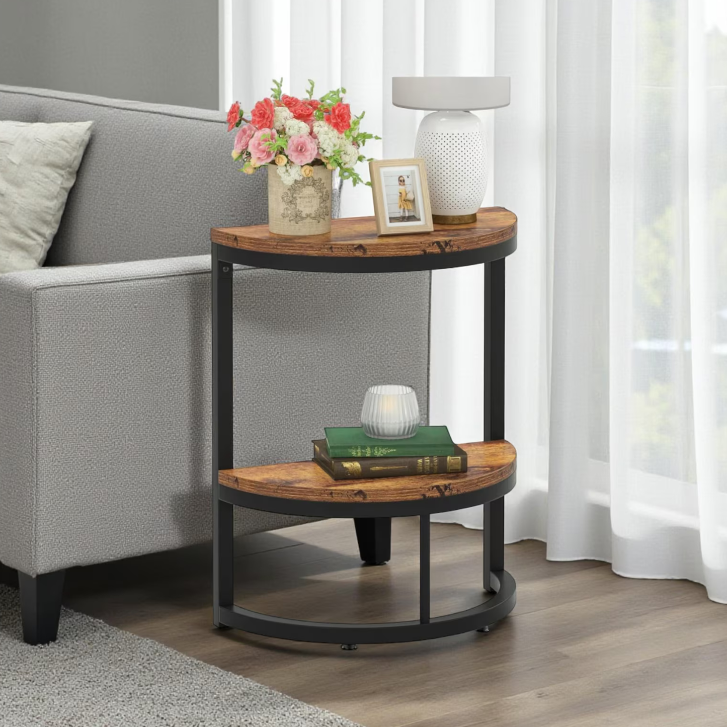 Half round side table dimensions 23.62H x 19.69L x 9.84W inches compact space saving table