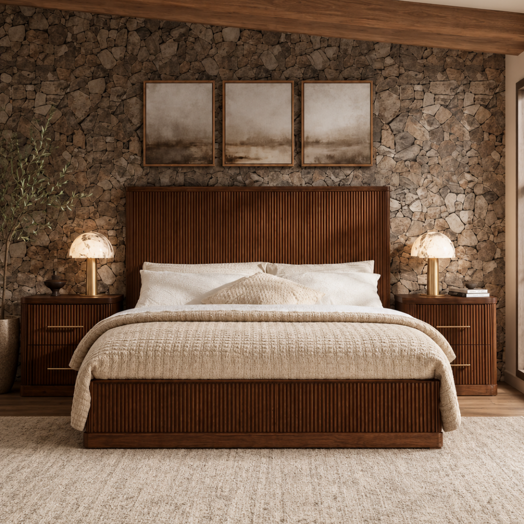 A mid-century modern wooden bed with a slatted headboard and footboard, dressed in cream bedding, set against a rustic stone wall with three framed landscape prints and matching nightstands.