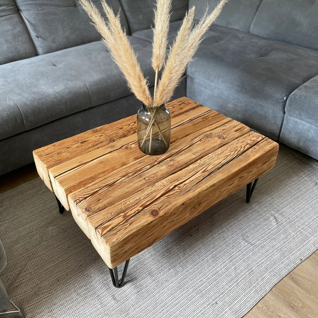 Handcrafted Solid Sheesham & Acacia Wood Coffee Table | Rustic Industrial Hairpin Leg Coffee Table | Modern Living Room Furniture