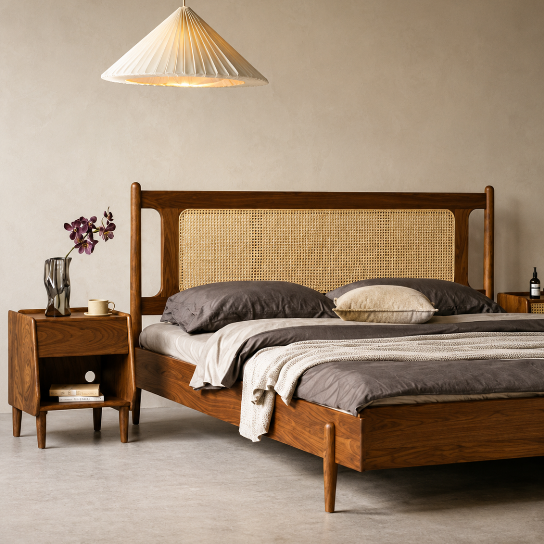 Handcrafted Sheesham Wood Bed with Natural Cane Headboard & Tapered Legs