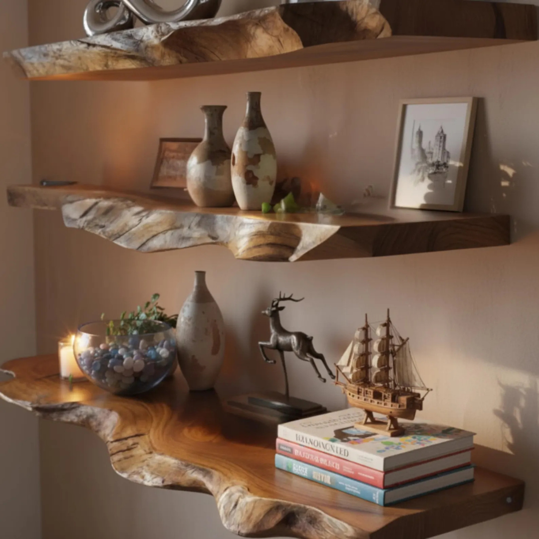 Three rustic live-edge wooden shelves mounted on a beige wall, styled with ceramic vases, framed art, books, candles, and a small ship model in warm ambient lighting.
