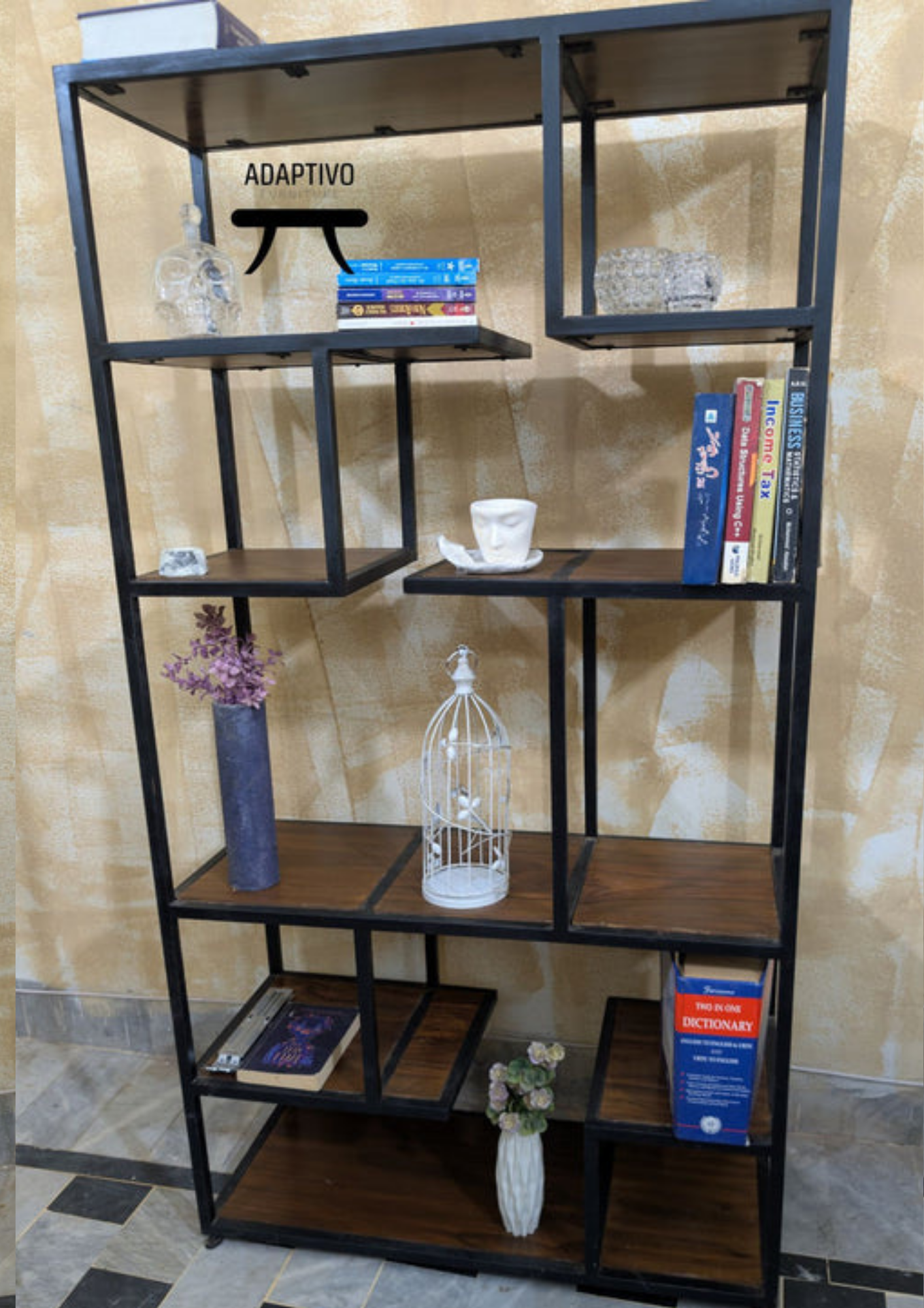 Black Metal & Sheesham Wood Tall Shelf – Modern Design | Adaptivo Furniture