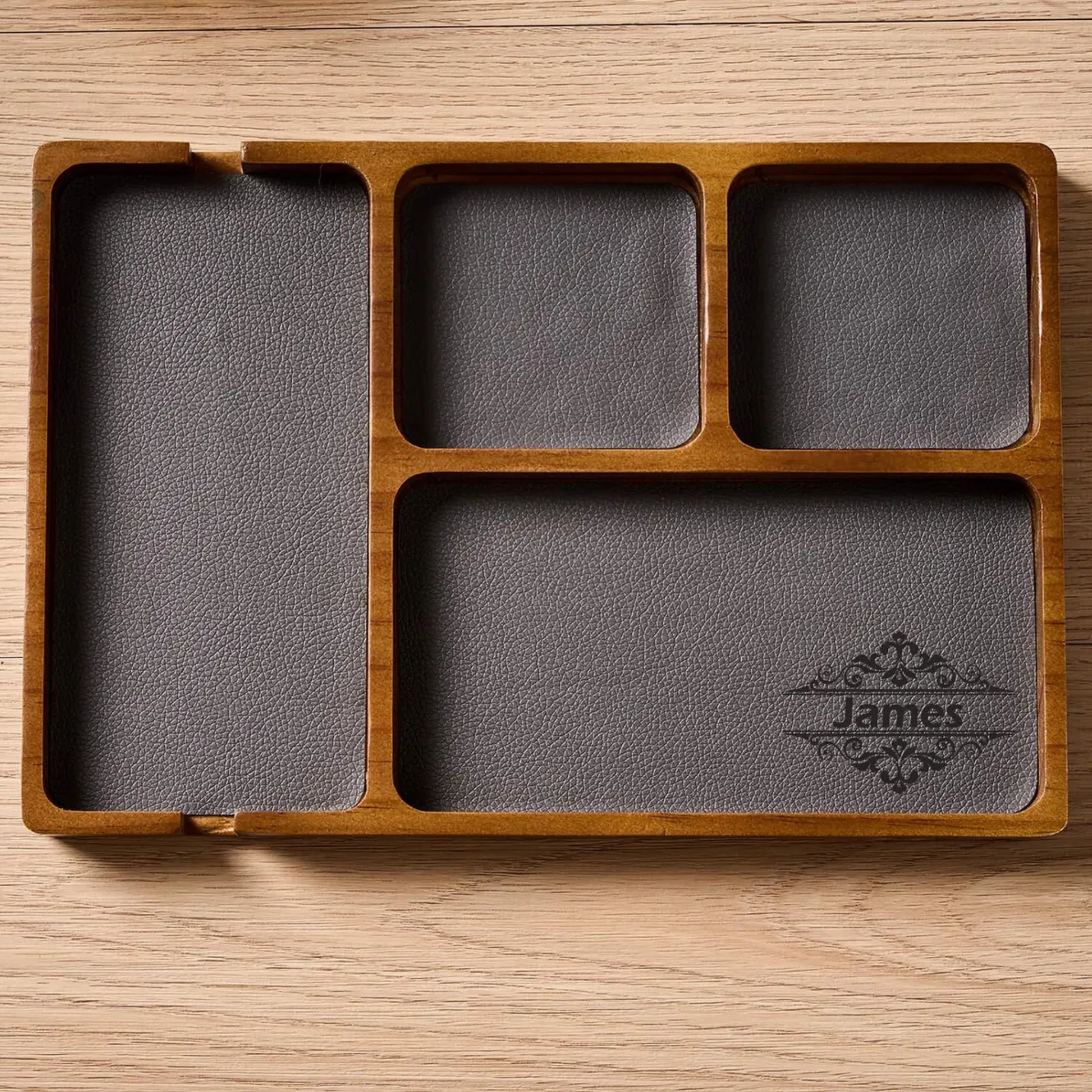 Multi-compartment wooden organizer with leather base for watches, glasses & pens.