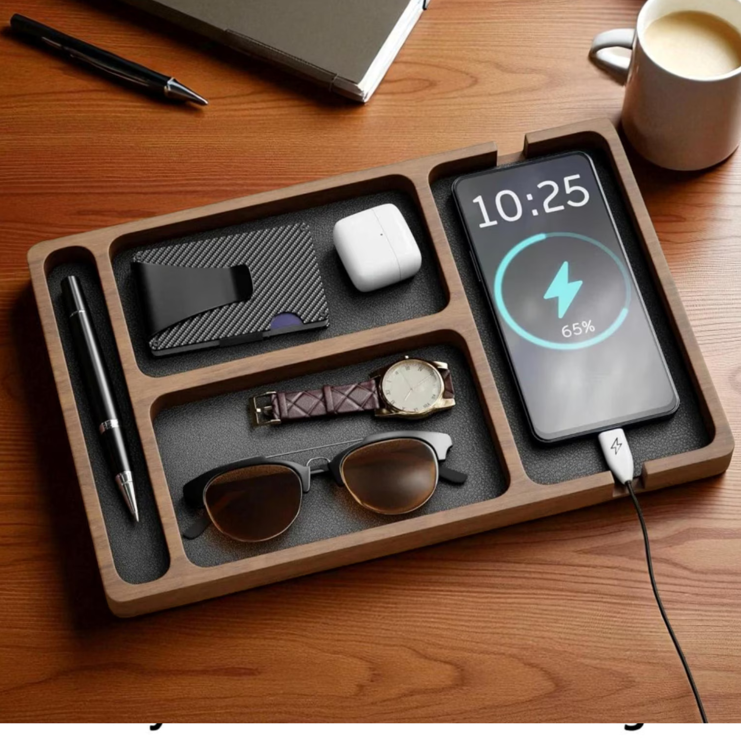 Wooden desk organizer with pen slot – stylish and functional for office & home setup