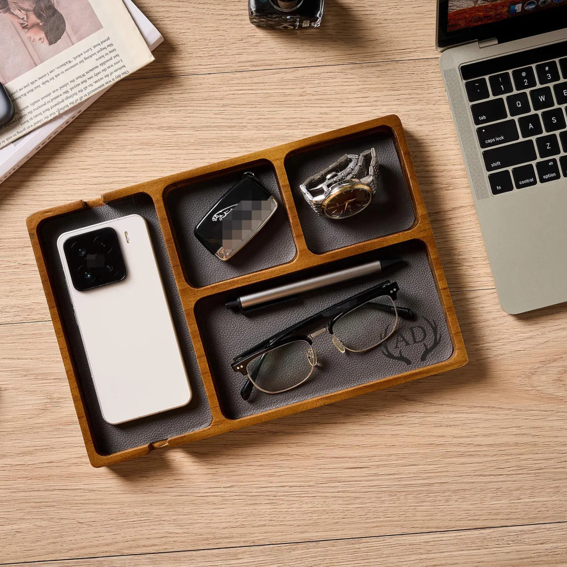 Luxury Sheesham Wood Desk Organizer Tray – elegant design for phones and accessories.