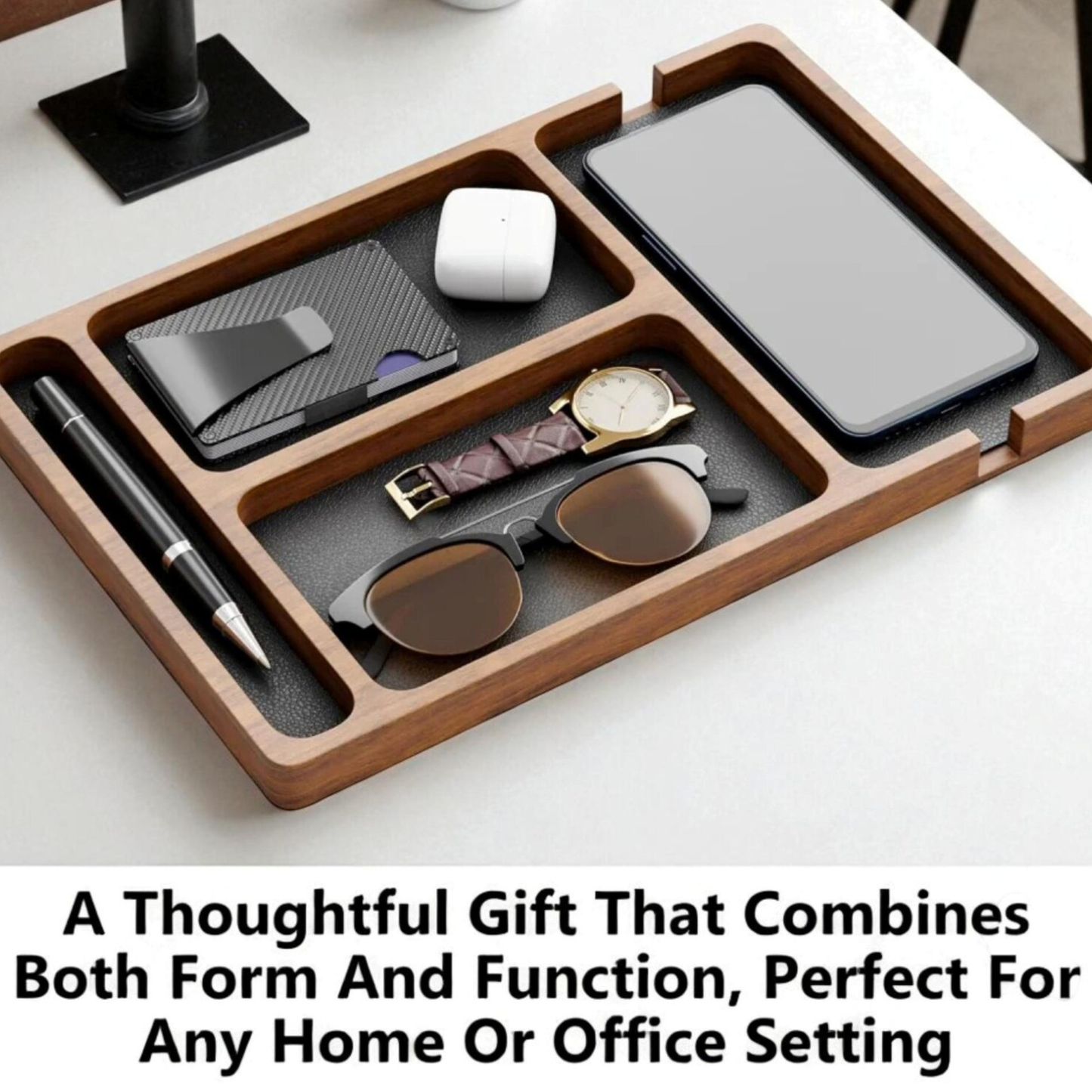 Luxury Sheesham Wood Desk Organizer Tray with Pen Slot – elegant phone and watch holder