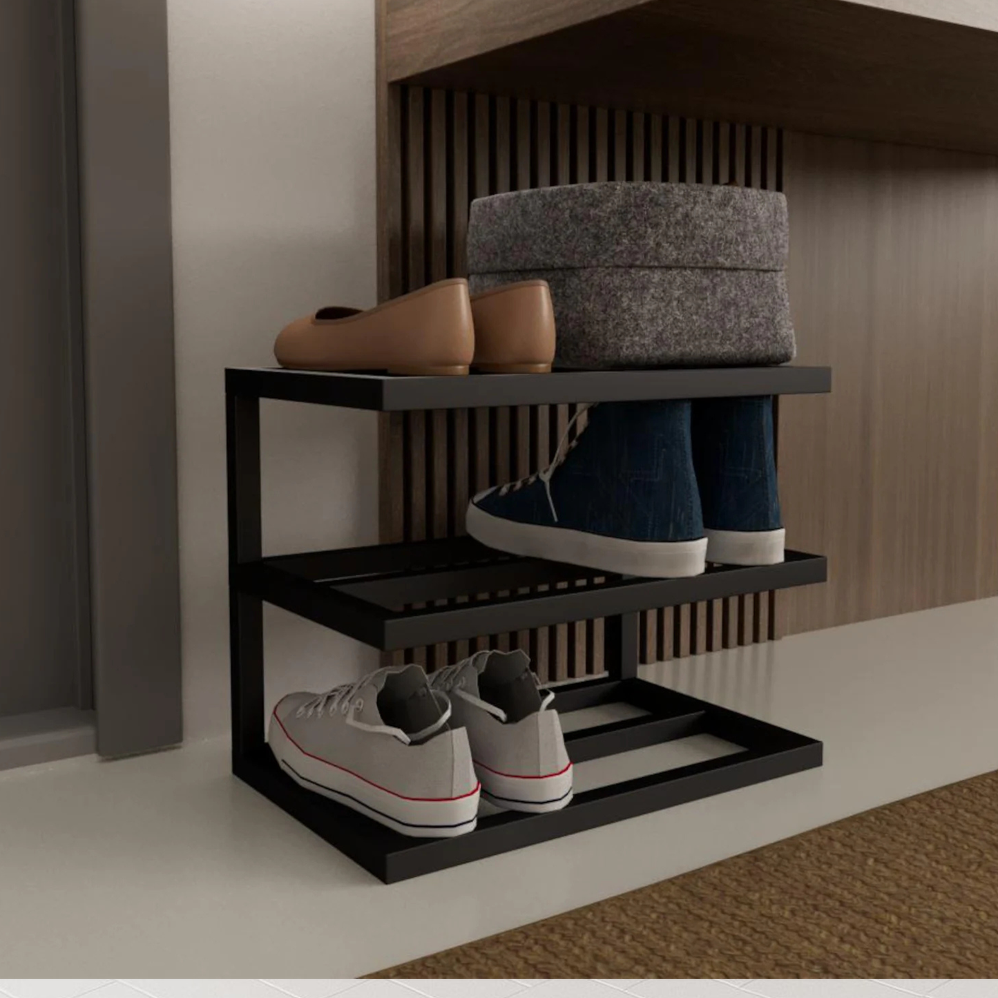 Minimalist 3-Tier Metal Shoe Rack in Matte Black – Modern Entryway Organizer