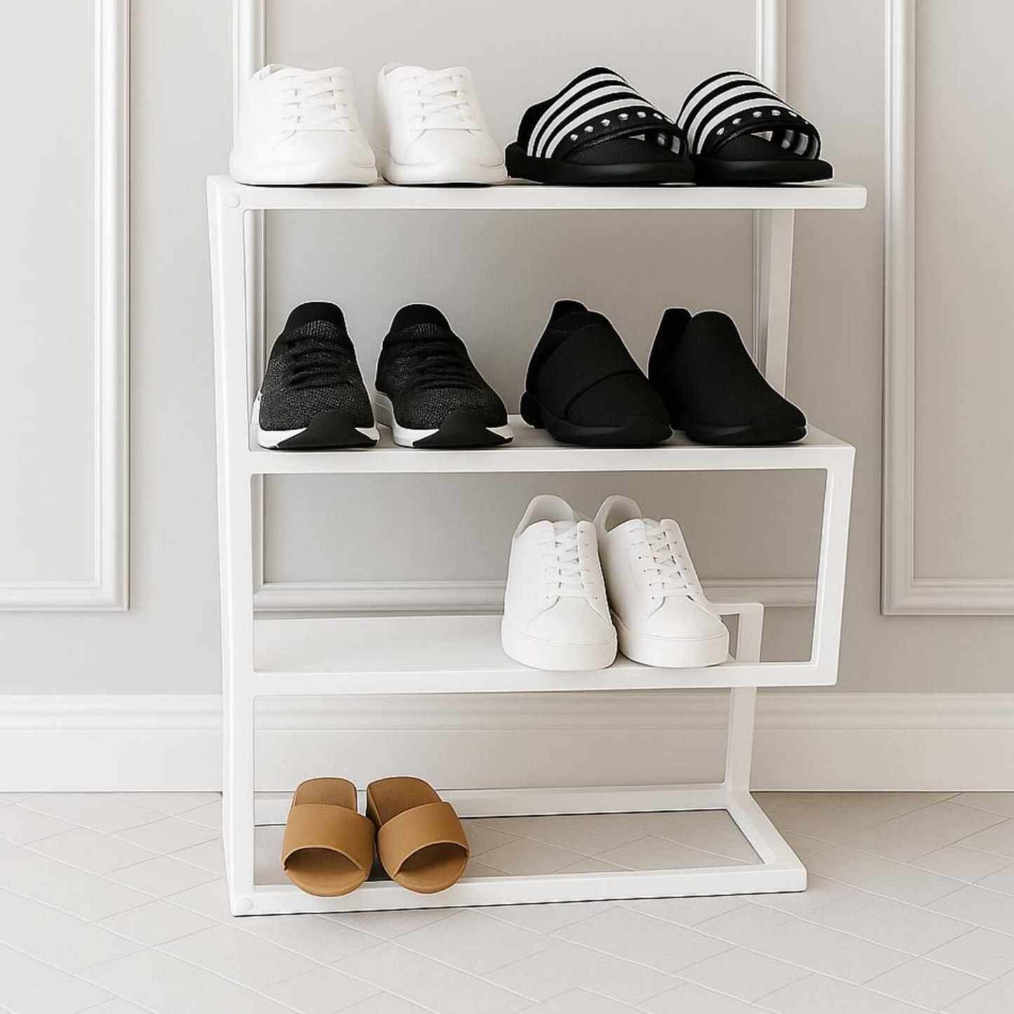 Stylish 3-Tier Shoe Rack – Gold and White Metal Freestanding Organizer for Home by Adaptivo Furniture