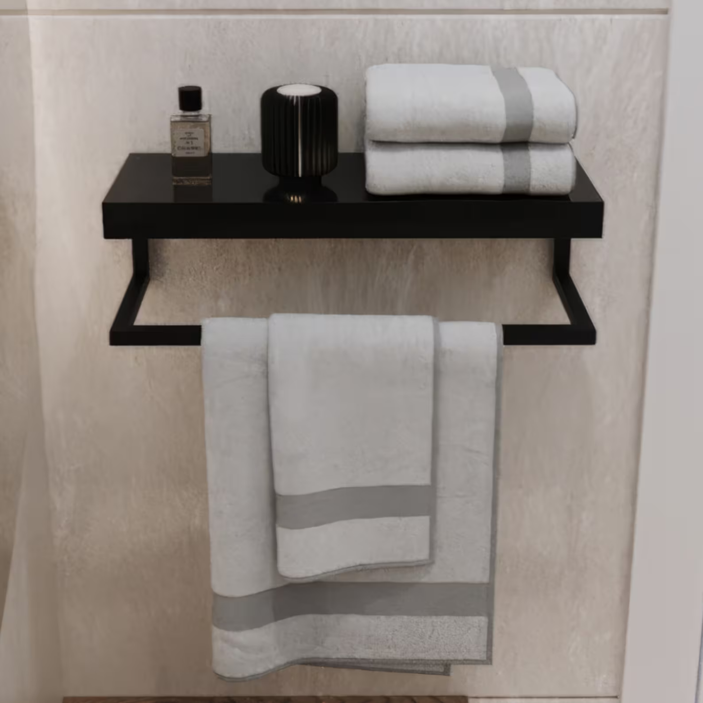 Stylish Bathroom Wall Shelf – Natural Wood Top and Matte Black Metal Frame