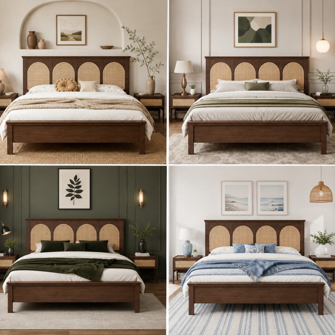 Solid Sheesham wood king size bed with natural rattan cane headboard in bedroom