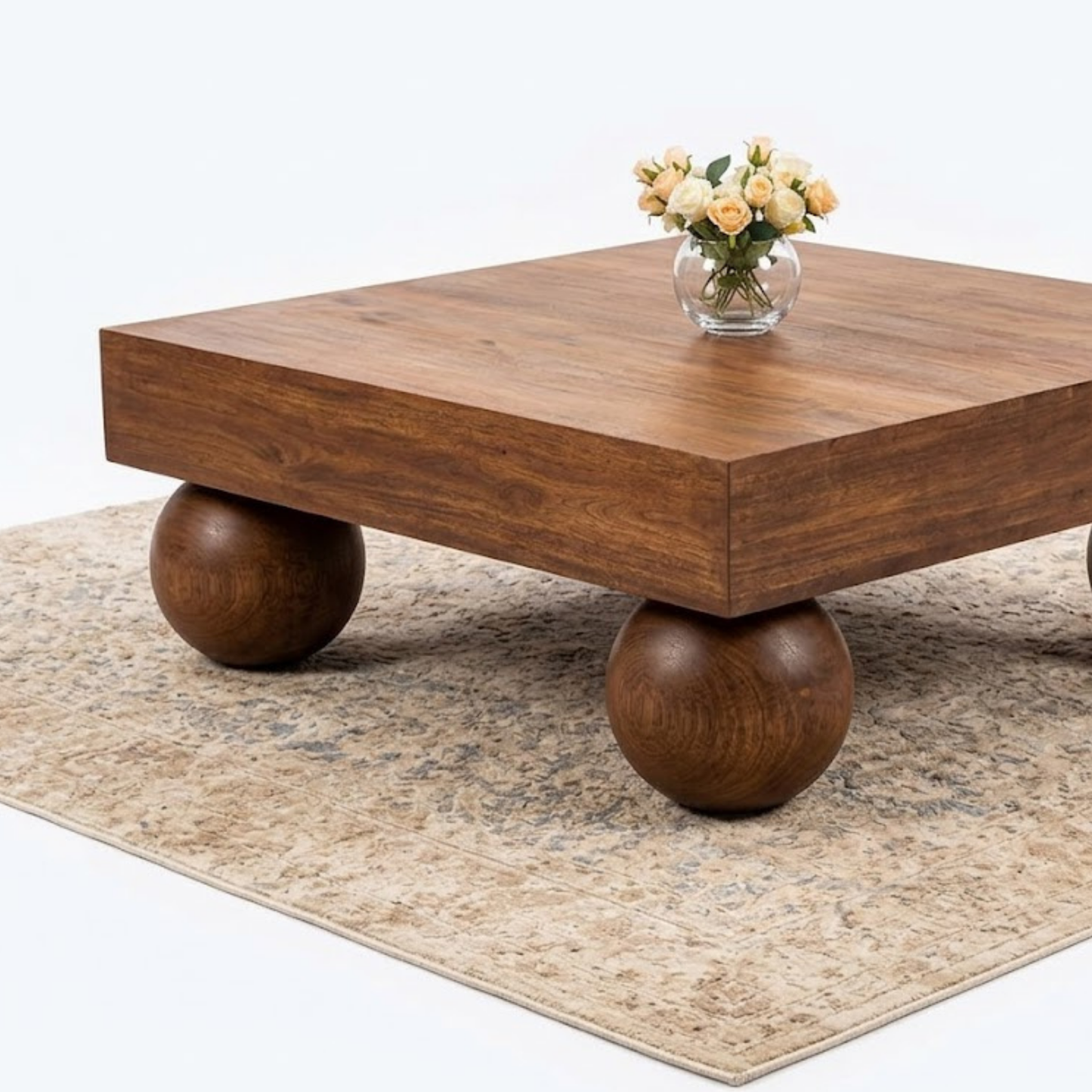 Modern Square Sheesham Wood Coffee Table with Sphere Legs | Solid Wood Centre Table | Adaptivo Furniture