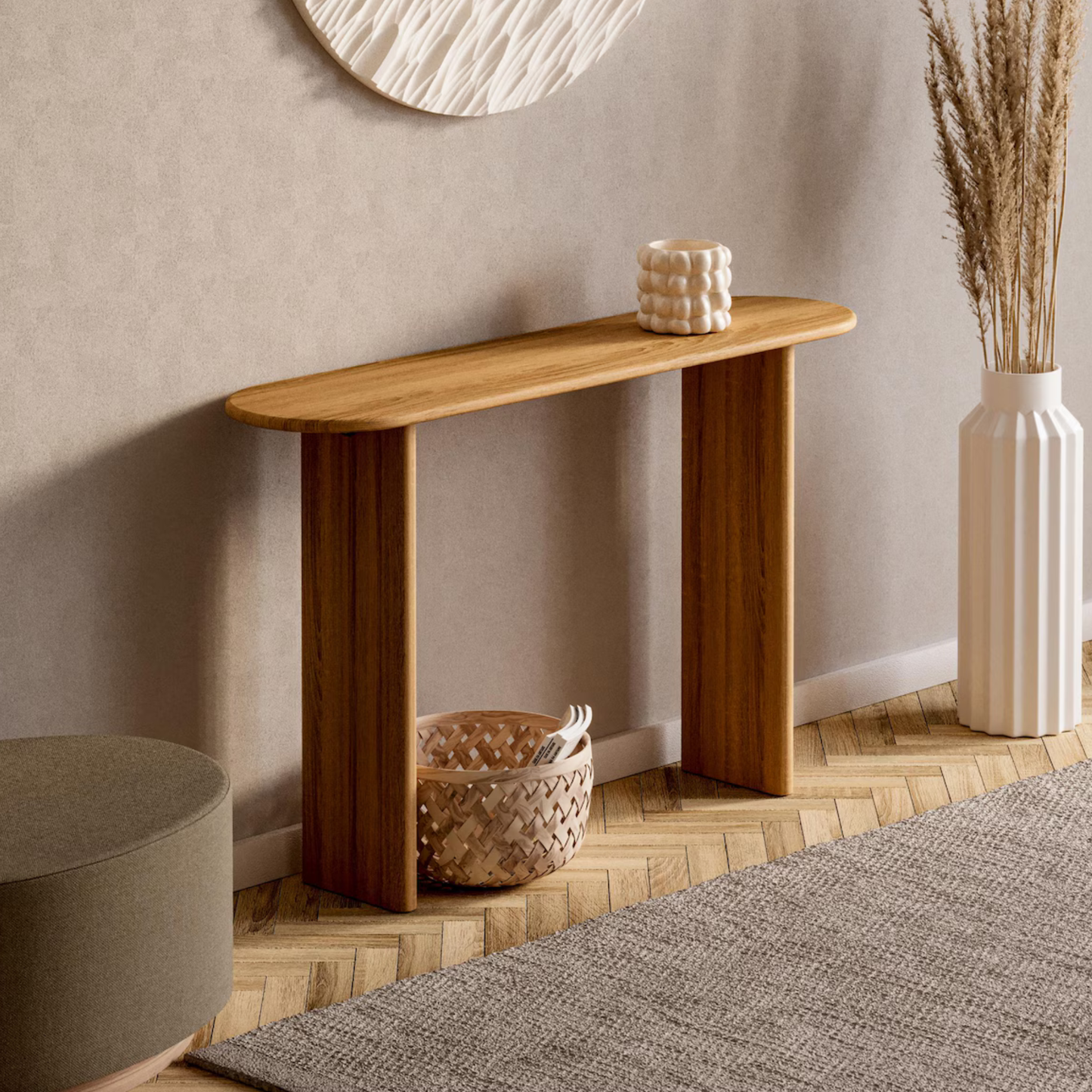 Natural Minimalist Sheesham Wood Console Table in modern hallway setup – Scandinavian style home decor