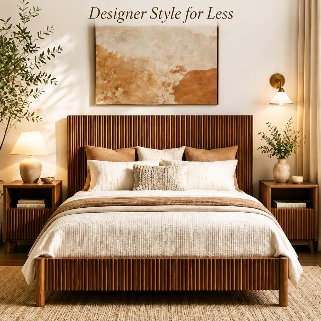 Pure Sheesham Wood Fluted King Size Bed with Matching Side Tables