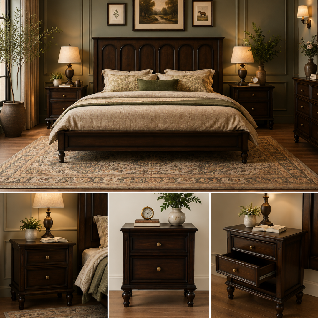 A dark wood bedroom furniture set shown in a staged bedroom scene, including a bed frame, matching nightstands, a dresser, lamps, and wall decor. Three smaller inset views at the bottom show close-up details of the nightstand drawers and drawer pull hardware.