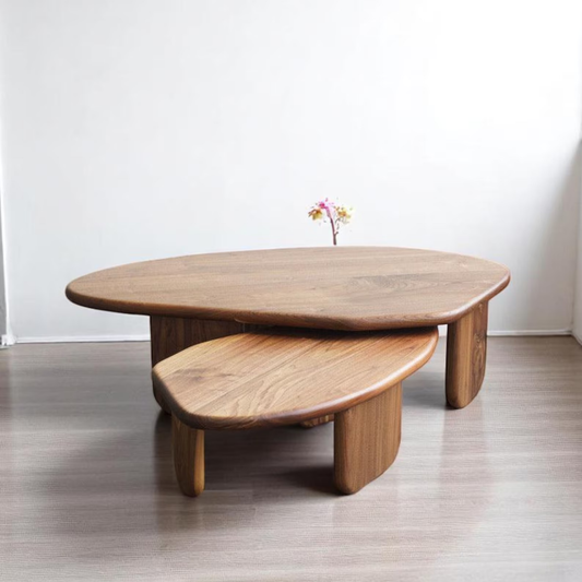 Round Sheesham Wood Table Set – Mid-Century Low Coffee Tables for Living Room by Adaptivo Furniture