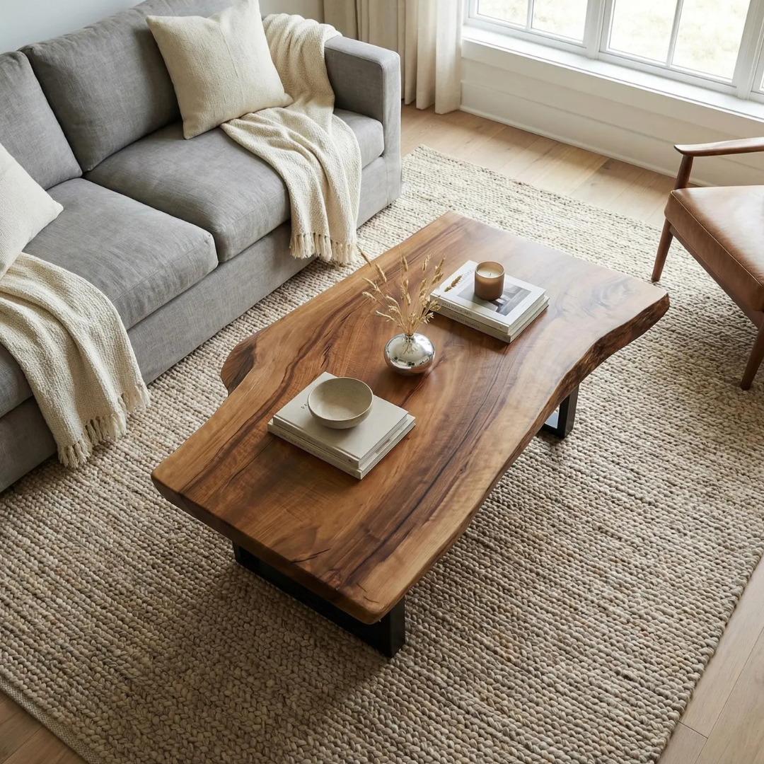 Rustic Live Edge Coffee Table | Solid Sheesham Wood Handmade Center Table | Natural Wood Living Room Table