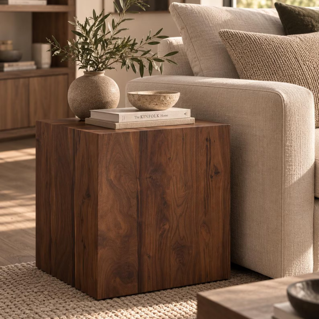 A square dark brown wooden end table with a prominent wood grain finish, styled in a living room next to a beige sofa with decorative books, a ceramic bowl, and a potted plant on top.