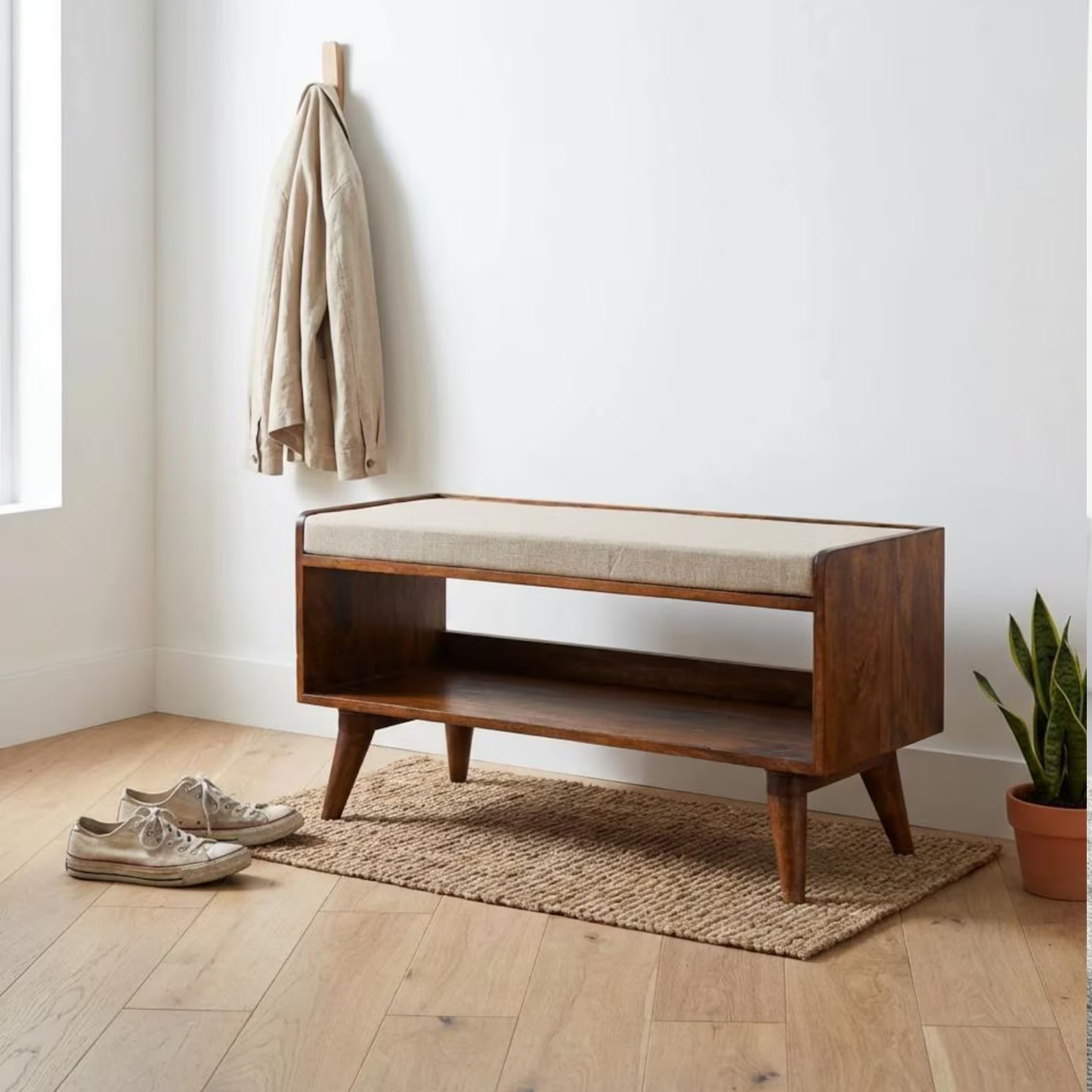 Sheesham Wood Storage Bench with Linen Seat β Nordic Shoe Rack | Adaptivo Furniture