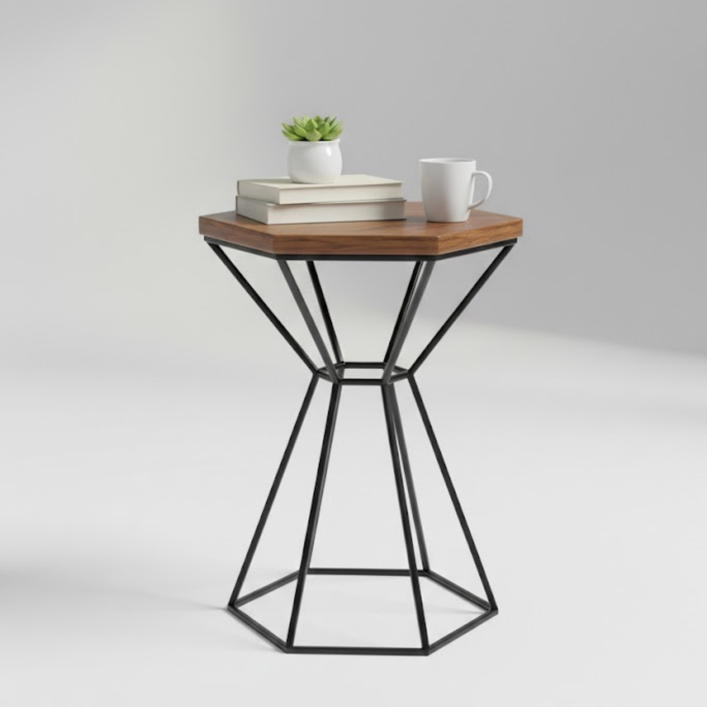 Close-up view of Sheesham wood top with metal base – modern rustic accent table | Adaptivo Furniture
