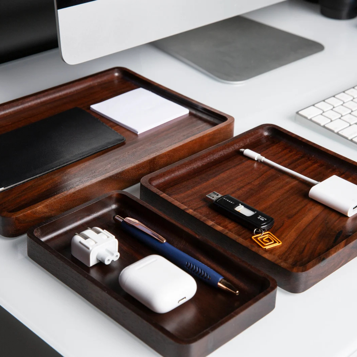 Solid Sheesham MØD Desk Tray – Set of 3 Modular Wooden Valet Trays with Phone, Watch & Pen Slots | Adaptivo Furniture