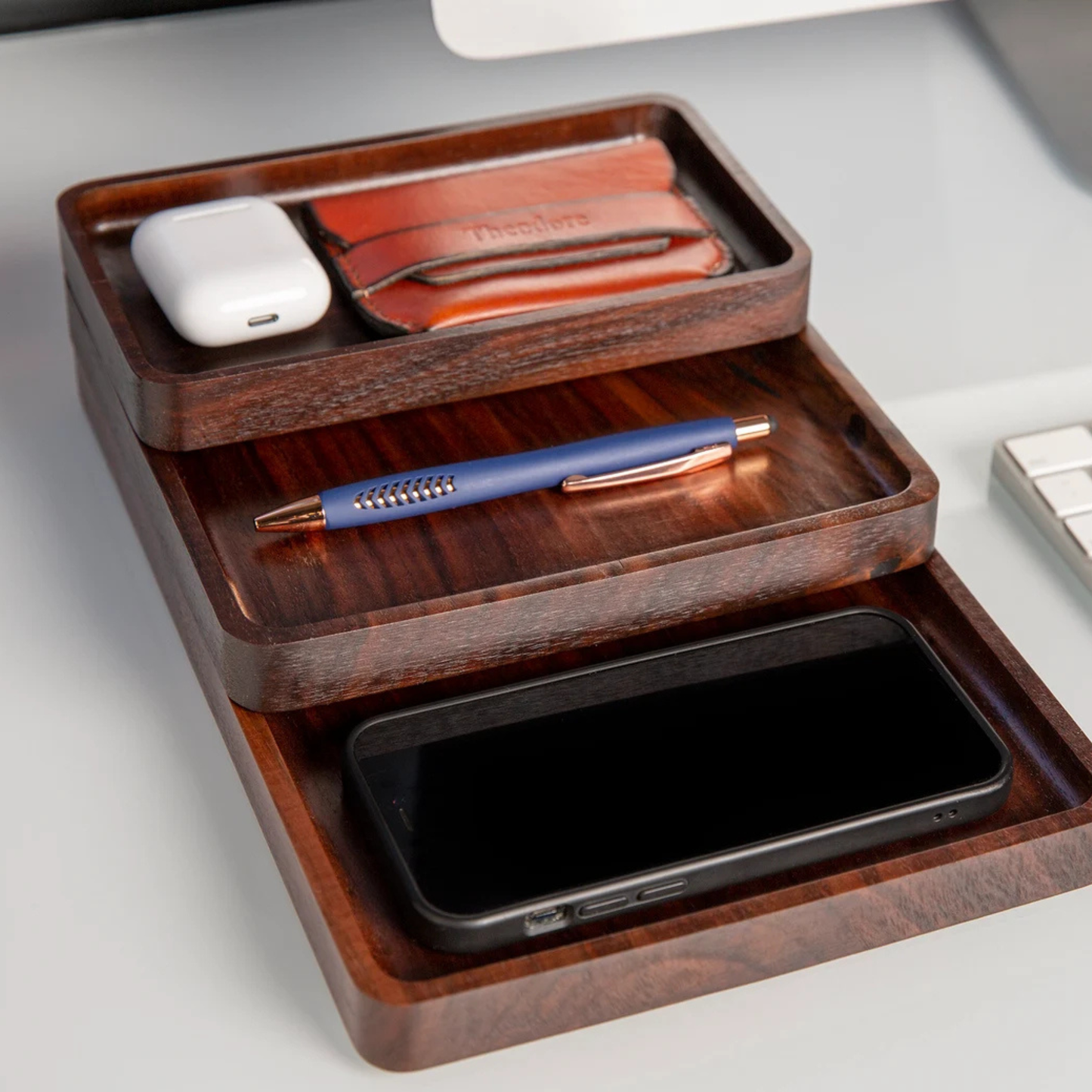 Solid Sheesham MØD Desk Tray – Set of 3 Modular Wooden Valet Trays with Phone, Watch & Pen Slots | Adaptivo Furniture