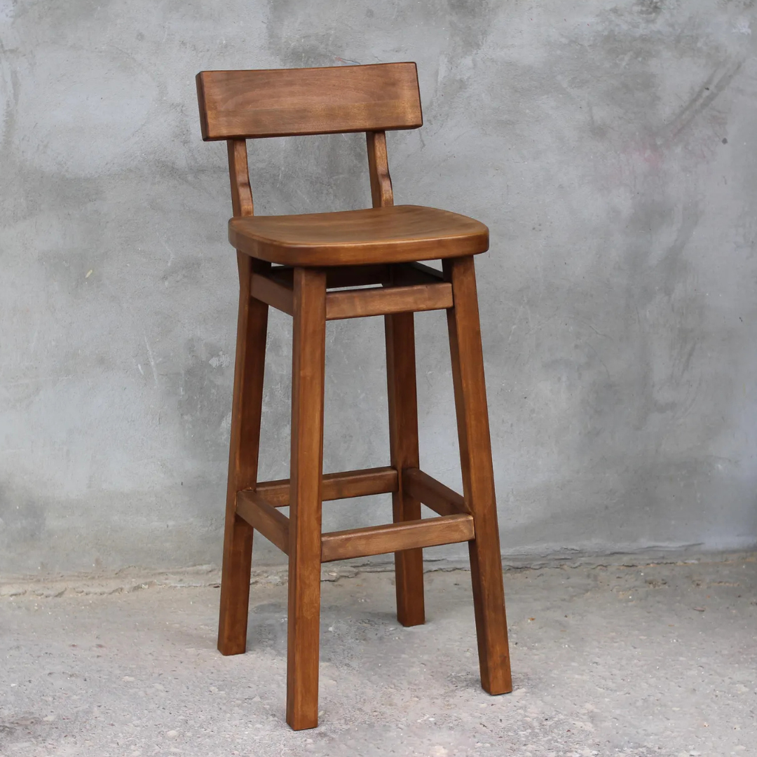 Tall Wooden Bar Stool | Solid Sheesham Wood with Ergonomic Seat & Curved Backrest | Rustic Farmhouse Counter Chair
