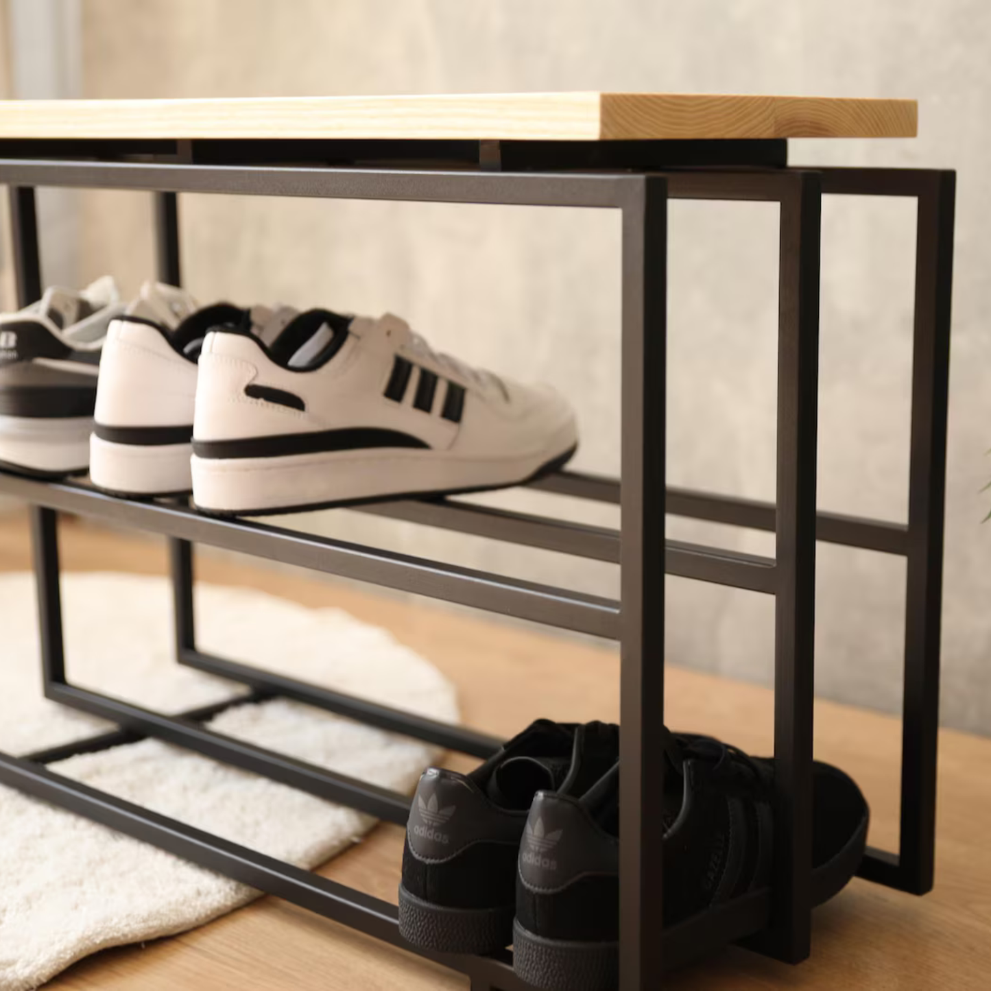 Two-Tier Shoe Bench – Sheesham Wood & Black Matte Metal | Adaptivo Furniture