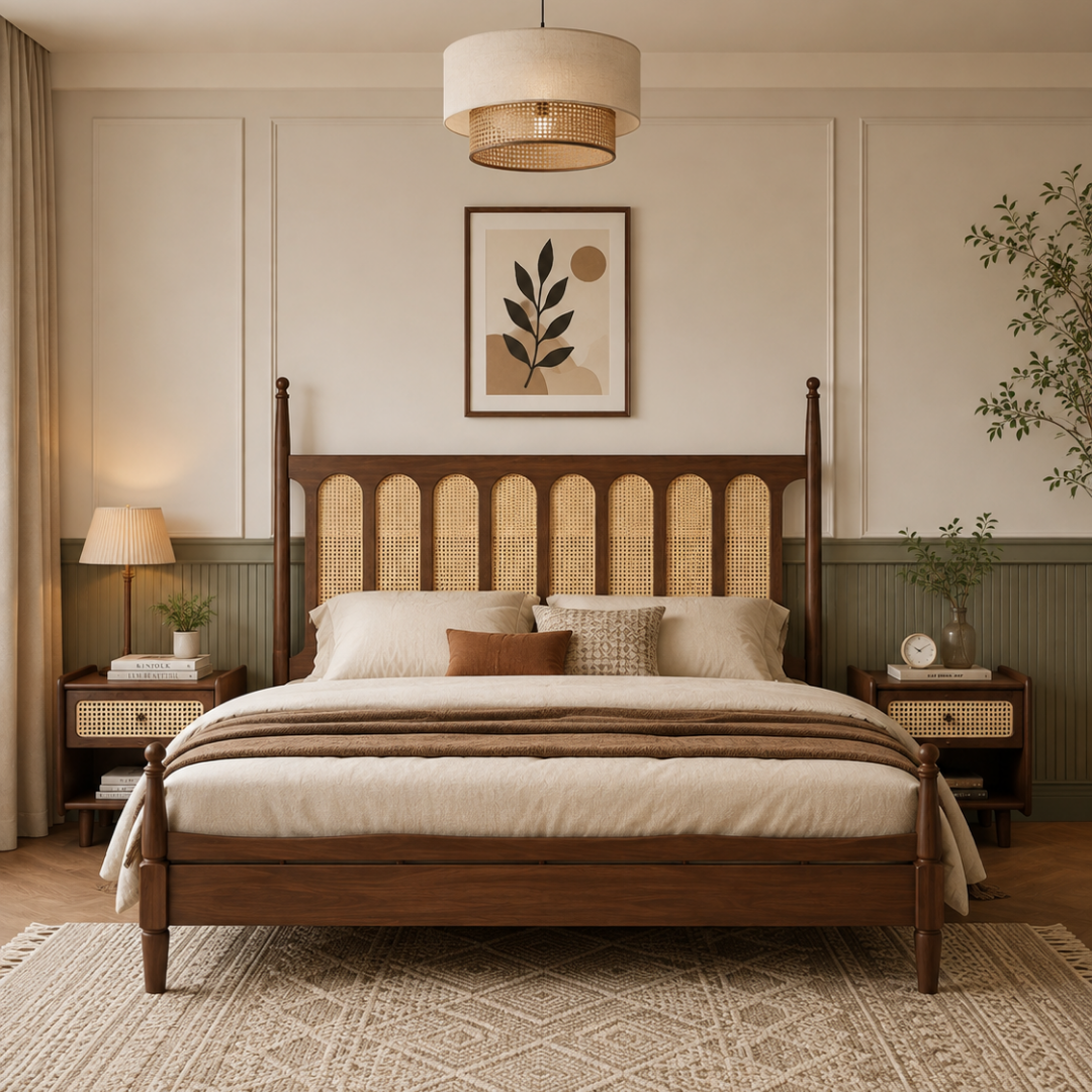 Willow Cane Bed – Solid Sheesham Wood with Natural Rattan Headboard