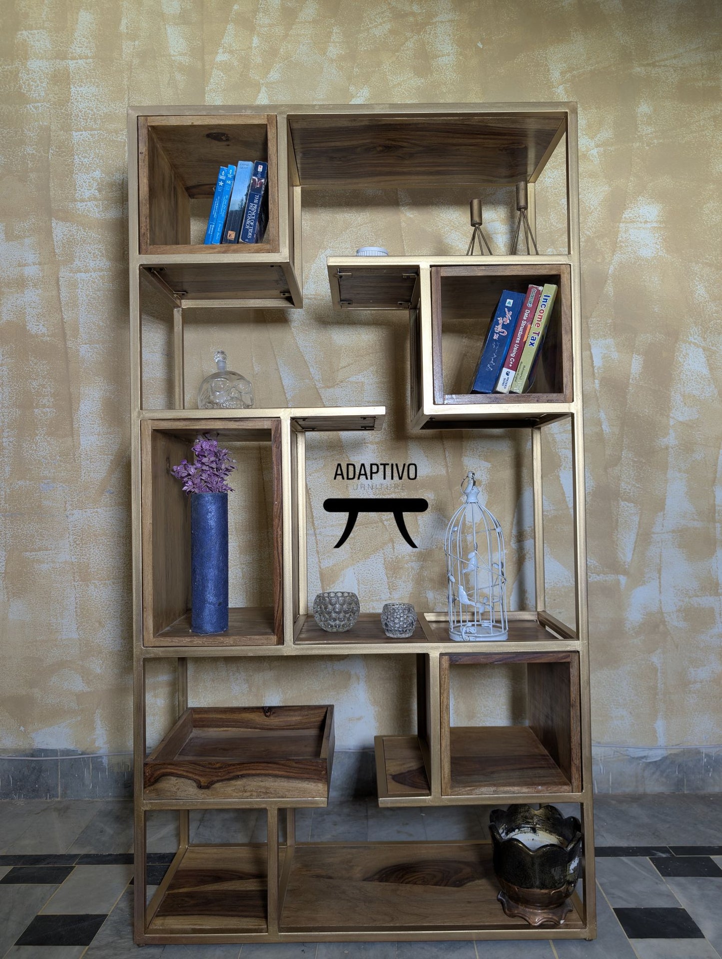 Adaptivo wood and metal handcrafted tall standing shelf