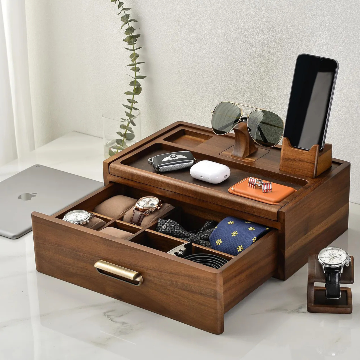 Luxury Wooden Valet Organizer Box with Watch and Phone Slots – Adaptivo Furniture