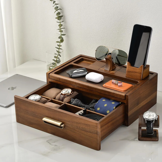 Luxury Wooden Valet Organizer Box with Watch and Phone Slots – Adaptivo Furniture