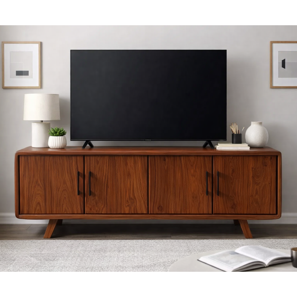 Wooden TV stand with a large flat-screen TV in a living room setting.