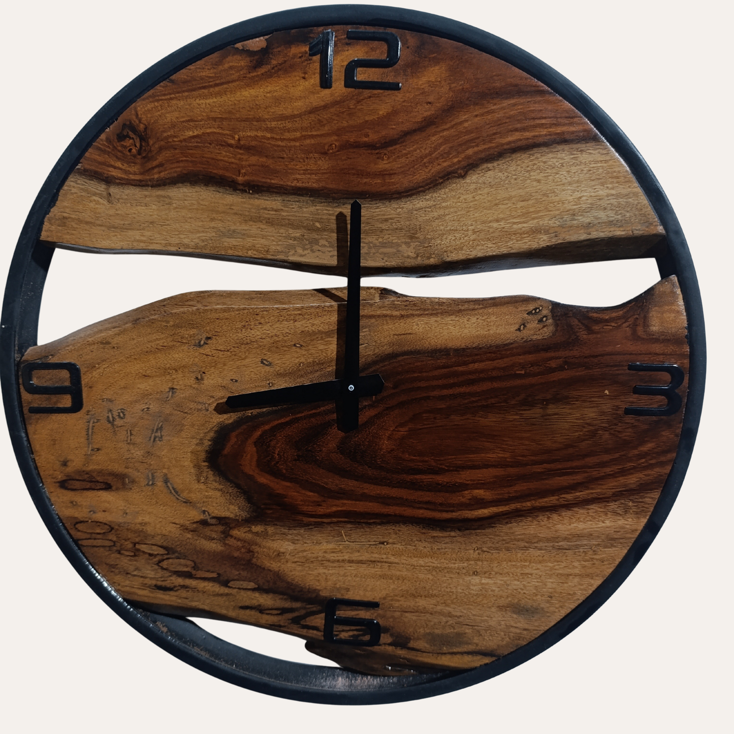 Side angle view of Eucalyptus Wall Clock highlighting the sleek metal frame and natural wood texture