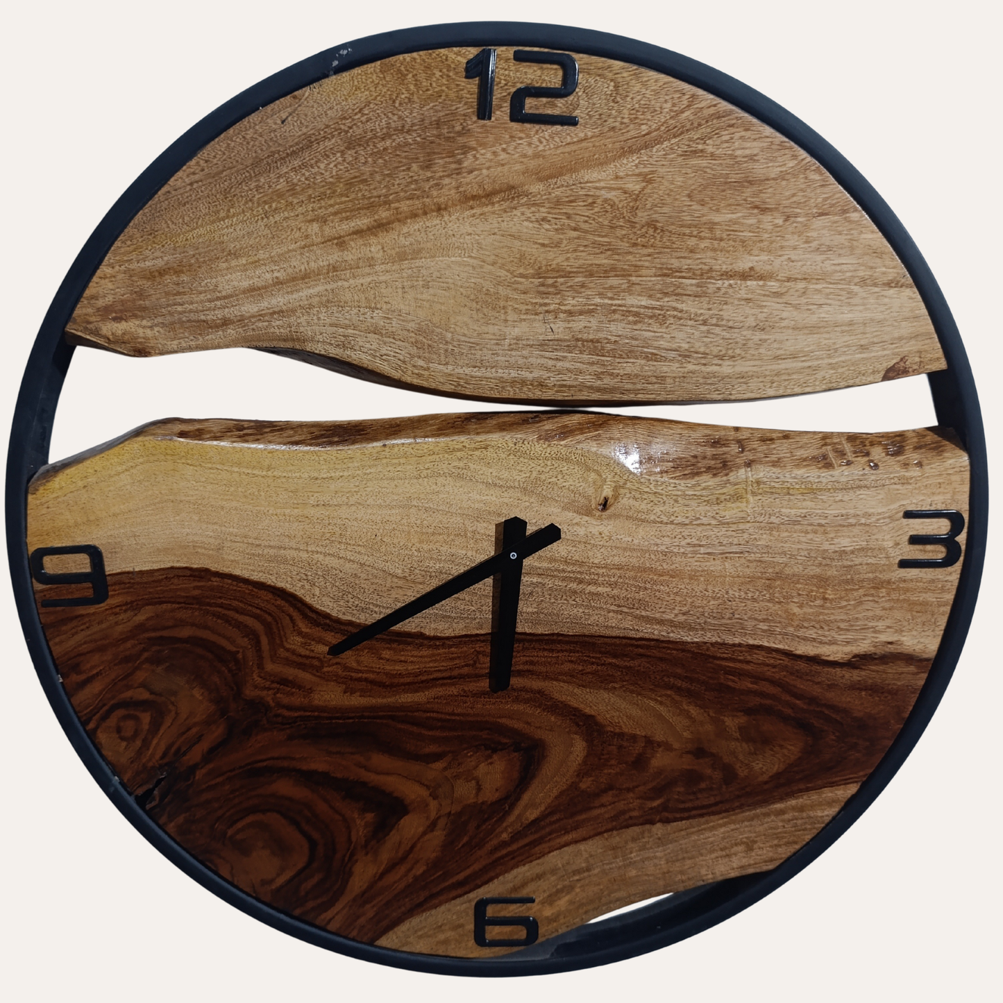 Close-up of Handmade Eucalyptus Wooden Wall Clock showing smooth grain and metal frame details