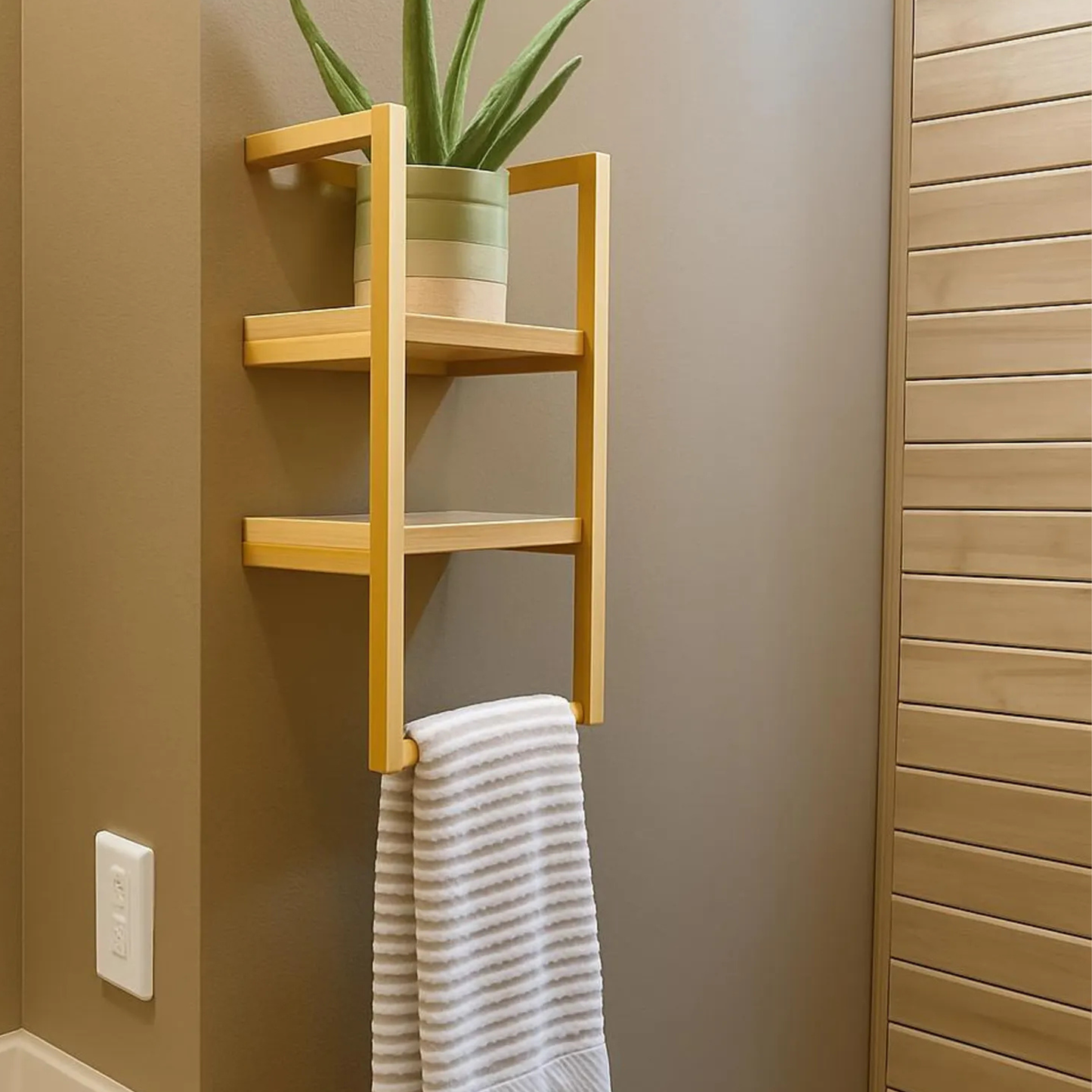 Golden Metal & Wood 2-Tier Wall Shelf with Towel Bar – Stylish Bathroom Storage by Adaptivo Furniture