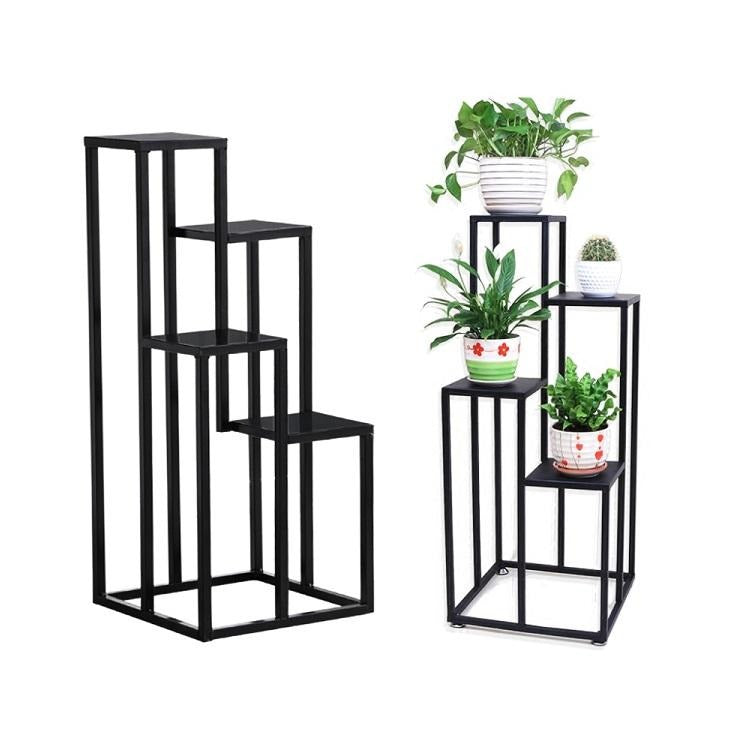 Indoor iron plant stand with solid wood shelves