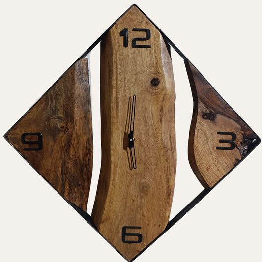 Large square wall clock made of metal and Sheesham wood with bold modern design by Adaptivo Furniture
