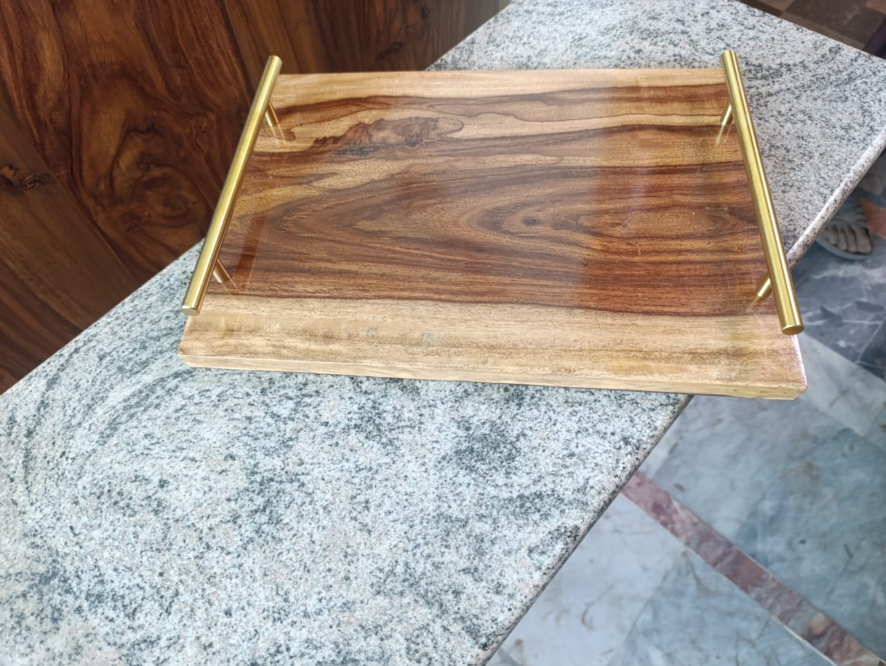 Front view of lifestyle wooden serving tray – Adaptivo Furniture