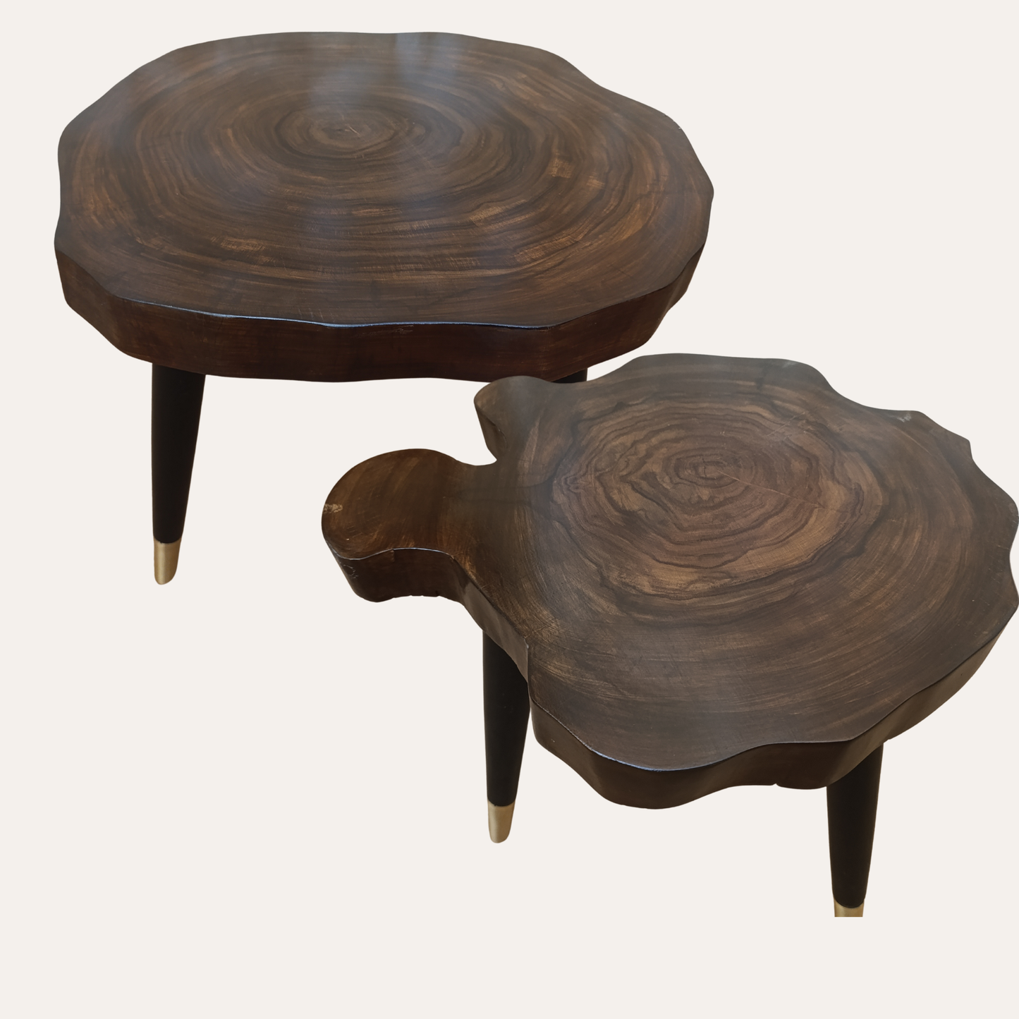 Live Edge Sheesham Wood Nesting Tables – Handcrafted Solid Wood with Elegant Golden Brass Tips | Adaptivo Furniture