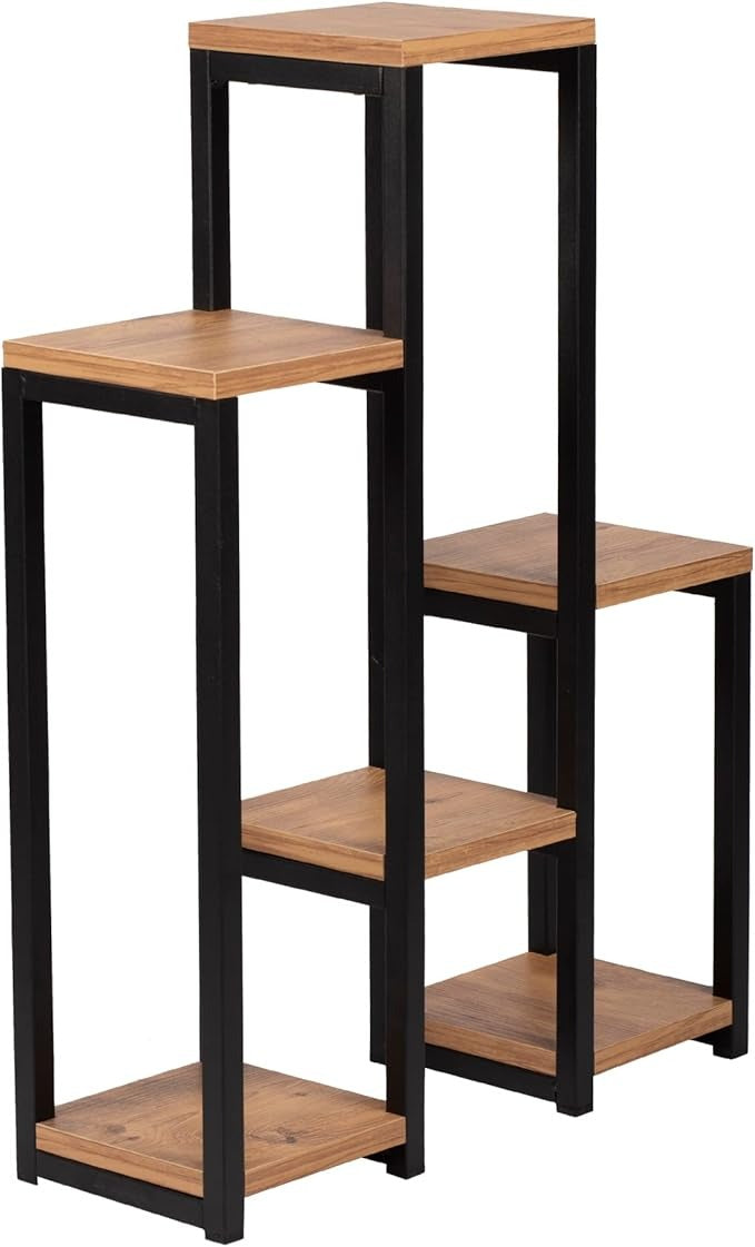 Four-tiered shelf with wooden shelves and black metal frame on a white background.