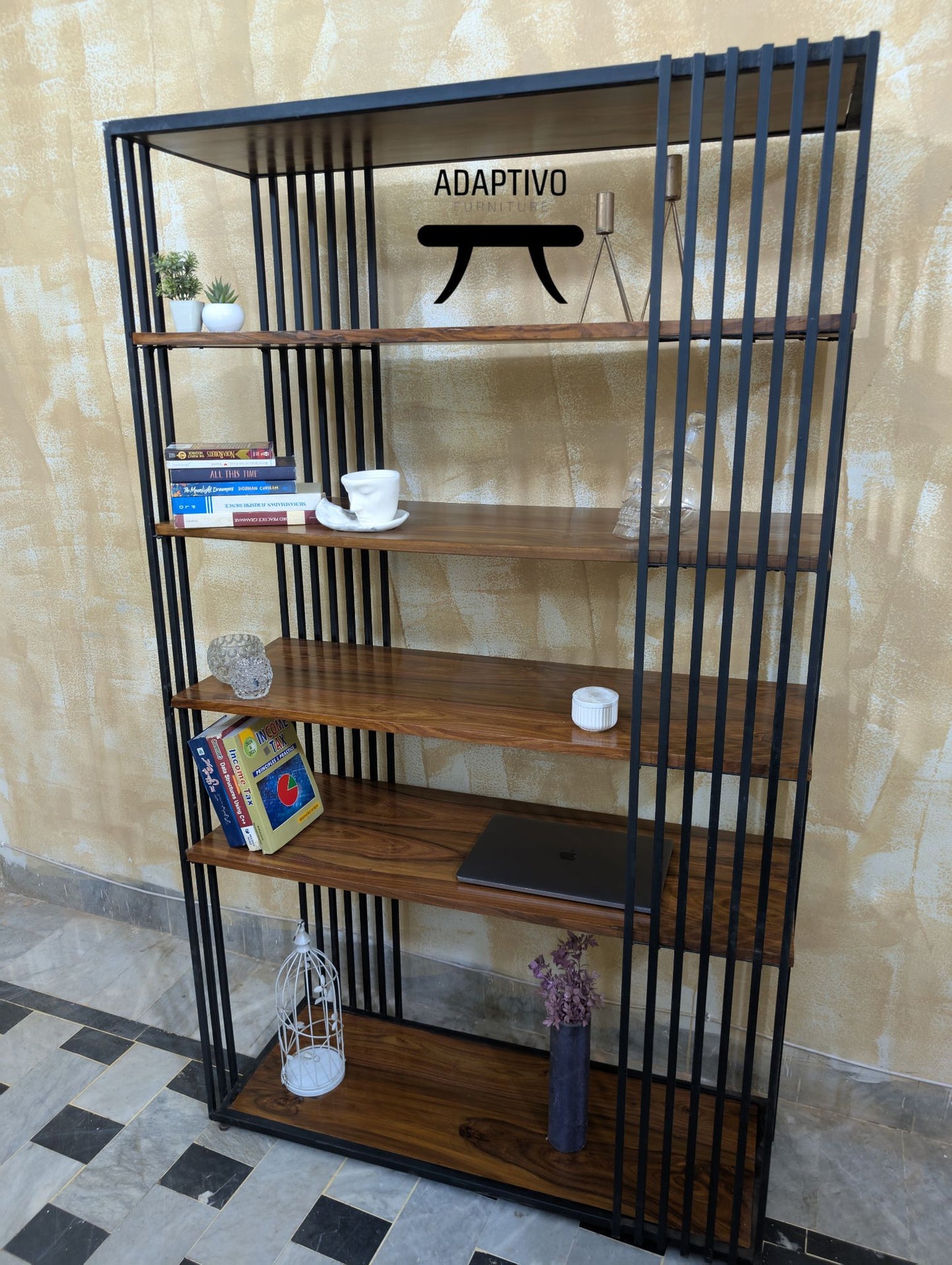 Modern metal bookshelf with 5 wooden shelves – Adaptivo Furniture