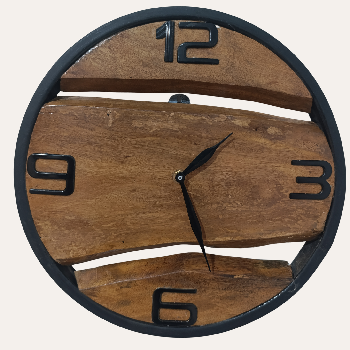 Custom Sheesham Wood and Metal Rustic Wall Clock styled in modern rustic living room – Handcrafted wall décor by Adaptivo Furniture