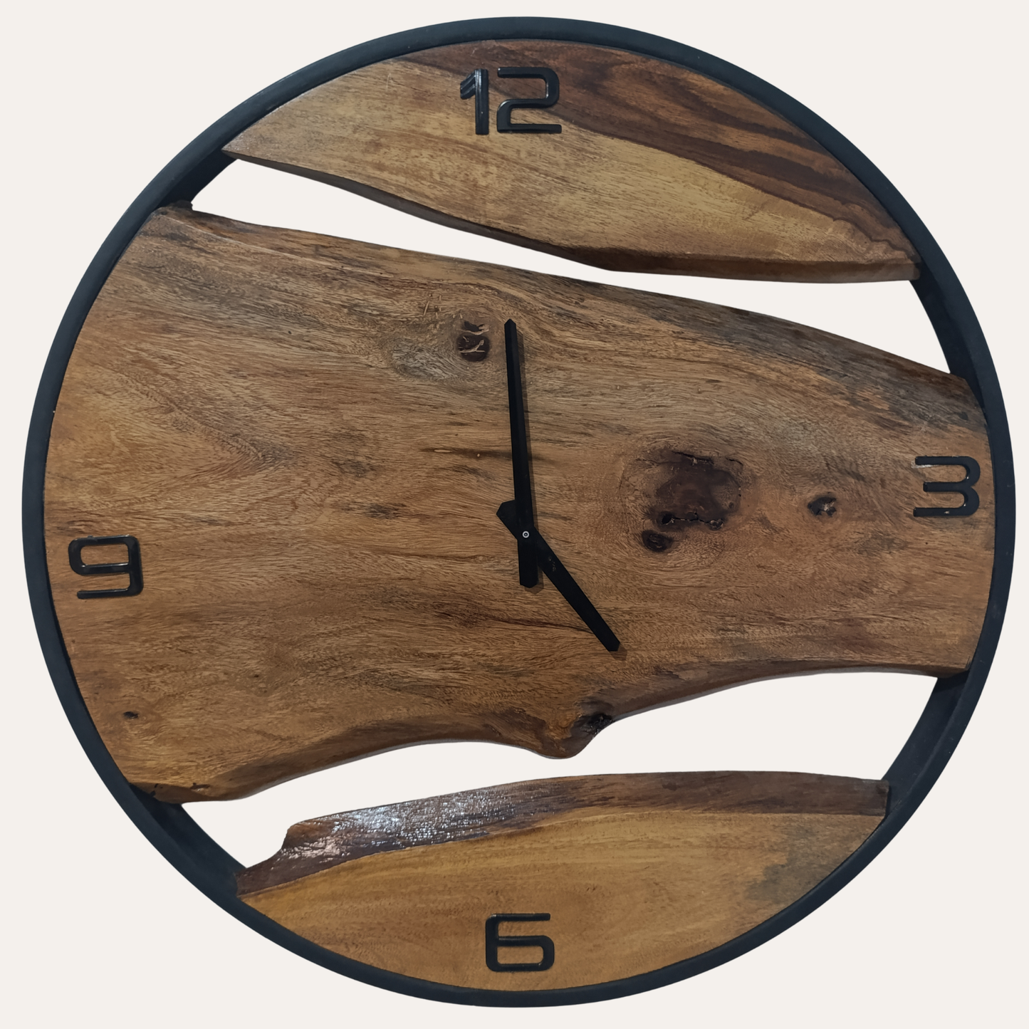 Side angle of Custom Sheesham Wood and Metal Rustic Wall Clock highlighting solid wood and metal craftsmanship