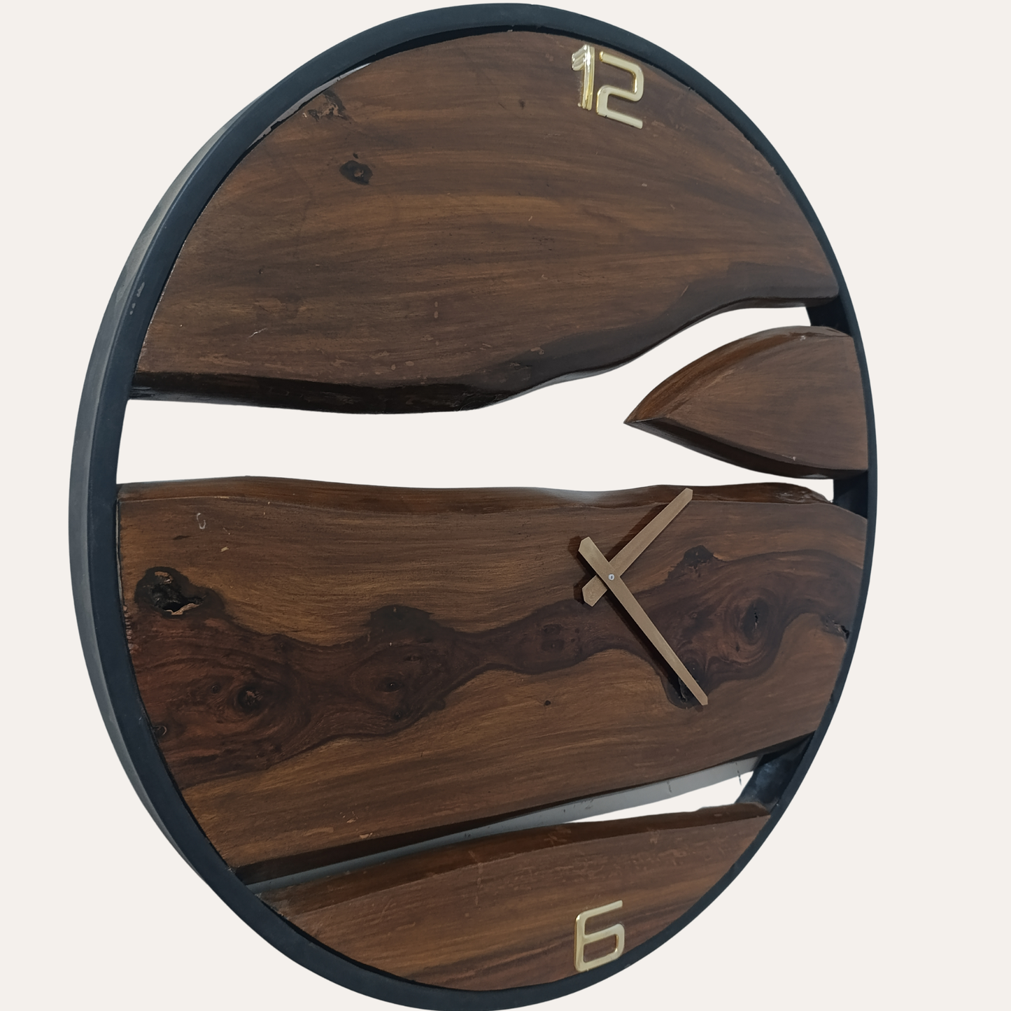 Close-up of Custom Made Sheesham Wood and Metal Wall Clock showing rich wood grain and fine metal detailing